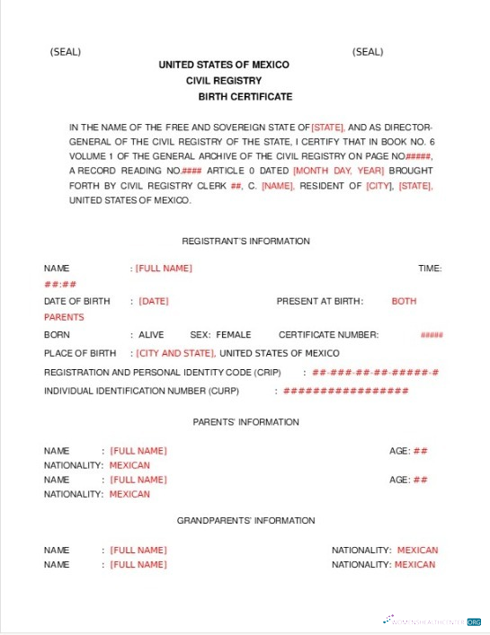 Download USA Civil registry of Mexico birth certificate Photoshop template